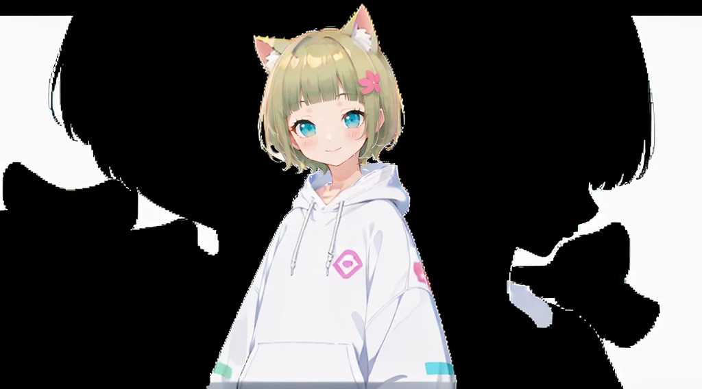 An unprecedented number of draws、Flower Hair Ornaments、Floral Hair Accessories、Blonde、Cat ear、Pink hoodie、high quality、Colorful color palette、high resolution、pretty girl、 Pink hoodie、An unprecedented number of draws、Anime Style、Geometric background、Sticker Style、short hair、Blonde、Turquoise Eyes, Messy Hair, Pink hoodie、髪と同じ色のCat ear、front, Hands posing, Until death, Bondage, Baggy clothes
