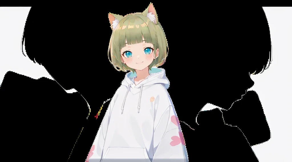 An unprecedented number of draws、Flower Hair Ornaments、Floral Hair Accessories、Blonde、Cat ear、Pink hoodie、high quality、Colorful color palette、high resolution、pretty girl、 Pink hoodie、An unprecedented number of draws、Anime Style、Geometric background、Sticker Style、short hair、Blonde、Turquoise Eyes, Messy Hair, Pink hoodie、髪と同じ色のCat ear、front, Hands posing, Until death, Bondage, Baggy clothes