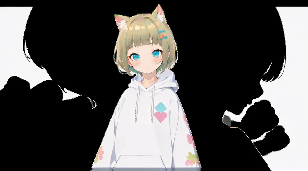 An unprecedented number of draws、Flower Hair Ornaments、Floral Hair Accessories、Blonde、Cat ear、Pink hoodie、high quality、Colorful color palette、high resolution、pretty girl、 Pink hoodie、An unprecedented number of draws、Anime Style、Geometric background、Sticker Style、short hair、Blonde、Turquoise Eyes, Messy Hair, Pink hoodie、髪と同じ色のCat ear、front, Hands posing, Until death, Bondage, Baggy clothes