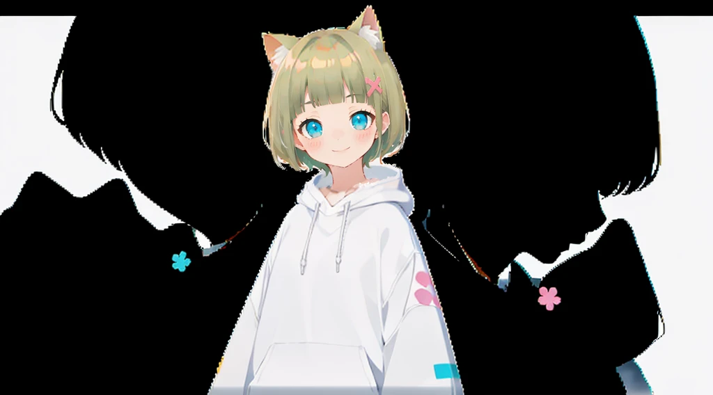 An unprecedented number of draws、Flower Hair Ornaments、Floral Hair Accessories、Blonde、Cat ear、Pink hoodie、high quality、Colorful color palette、high resolution、pretty girl、 Pink hoodie、An unprecedented number of draws、Anime Style、Geometric background、Sticker Style、short hair、Blonde、Turquoise Eyes, Messy Hair, Pink hoodie、髪と同じ色のCat ear、front, Hands posing, Until death, Bondage, Baggy clothes