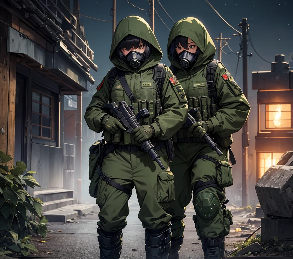 A group of female soldiers on night patrol、Wearing dark green M-51 hooded military uniform、Hooded on head、Gas Mask、Magazine Pouch、Gloves、Military Pants、Knee pads，Write details、masterpiece、best quality、Highly detailed CG、8K picture quality