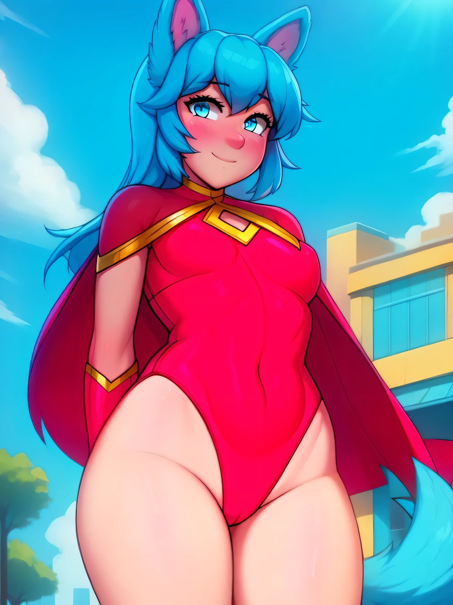 (Masterpiece) (High Detail) (High Res) A short little slim humanoid girl with pale human skin and blue eyes and long blue hair and blue dog ears and a fluffy blue dog tail and average breasts. She is dressed in a superhero costume. A brightly coloured Leotard with gold trim and a large red cape. Pale skin. She looks proud. She is flying off the ground over a city.