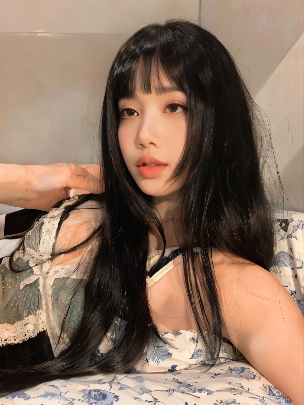 araffed asian woman with long black hair laying on a bed, she has black hair with bangs, long black hair with bangs, long hair with full bangs, long dark hair with bangs, belle delphine, 18 years old, with bangs, hair blackbangs hair, with full bangs, long straight bangs, long hair with bangs, ava max, straight bangs