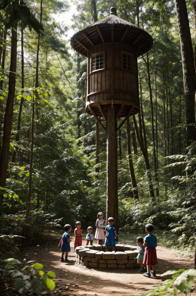 Children around a well in the forest
