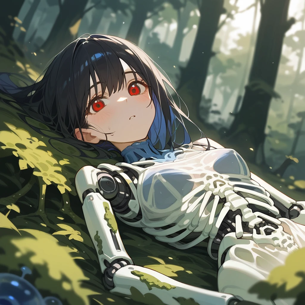 1girl, black hair, Lie down, close your eyes、skeleton body, Translucent dress、Bones visible, forest, moss on body.、robot joints