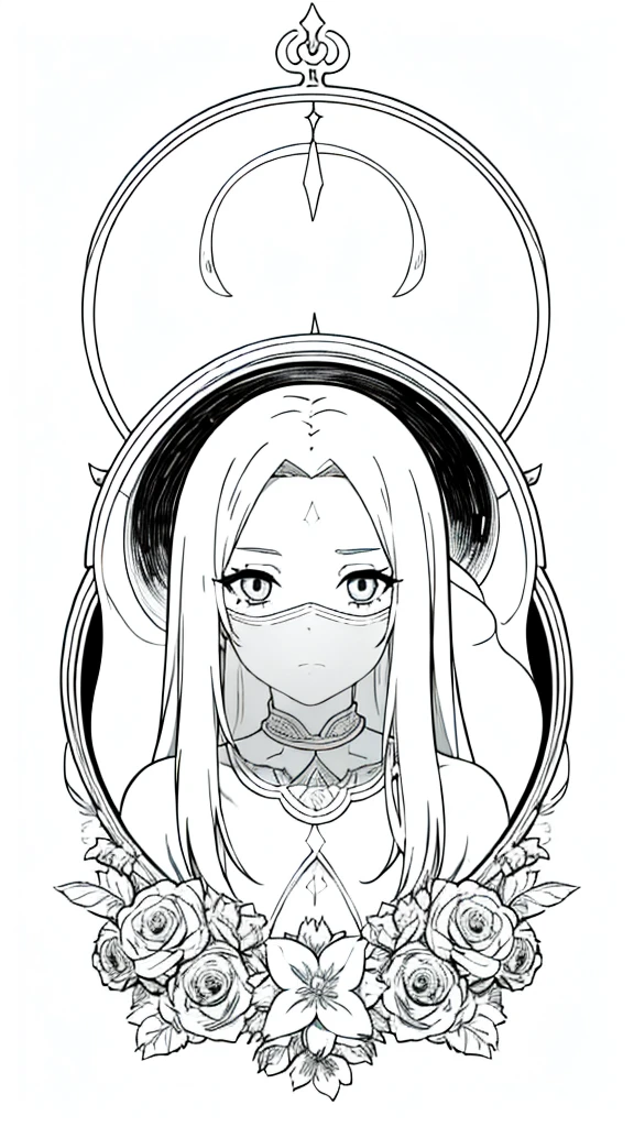 1old woman,(((solo))),50 years old,(no hair on the forehead),(white background,line drawing),(((naked))),long hair,white hair,serious,(mouth veil),upper body