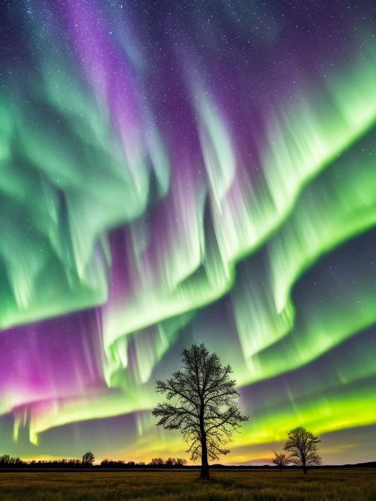 a tree in a field with aurora lights in the sky, rainbow aurora, aurora borealis, northern lights, with aurora borealis in the sky, magical colours and atmosphere, magical colors and atmosphere, beautiful and colorful, infused with aurora borealis, breathtaking colors, nacreous lights, really beautiful nature, beautiful!!!, vividly beautiful colors