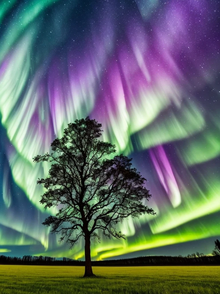 a tree in a field with aurora lights in the sky, rainbow aurora, aurora borealis, northern lights, with aurora borealis in the sky, magical colours and atmosphere, magical colors and atmosphere, beautiful and colorful, infused with aurora borealis, breathtaking colors, nacreous lights, really beautiful nature, beautiful!!!, vividly beautiful colors