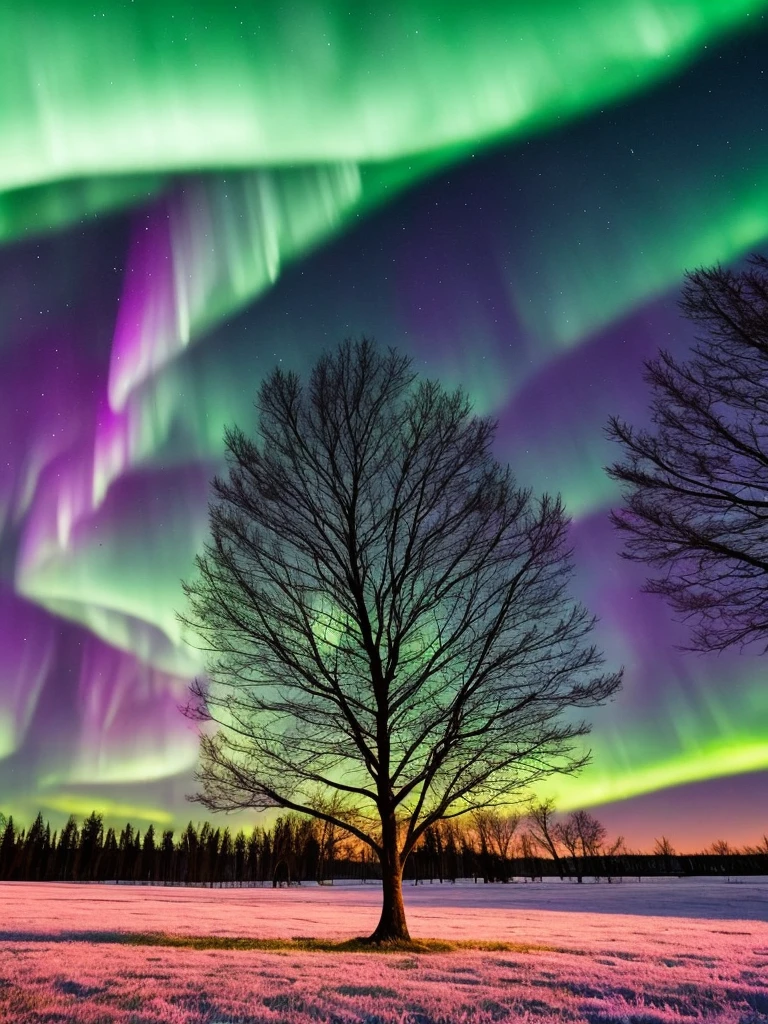 a tree in a field with aurora lights in the sky, rainbow aurora, aurora borealis, northern lights, with aurora borealis in the sky, magical colours and atmosphere, magical colors and atmosphere, beautiful and colorful, infused with aurora borealis, breathtaking colors, nacreous lights, really beautiful nature, beautiful!!!, vividly beautiful colors