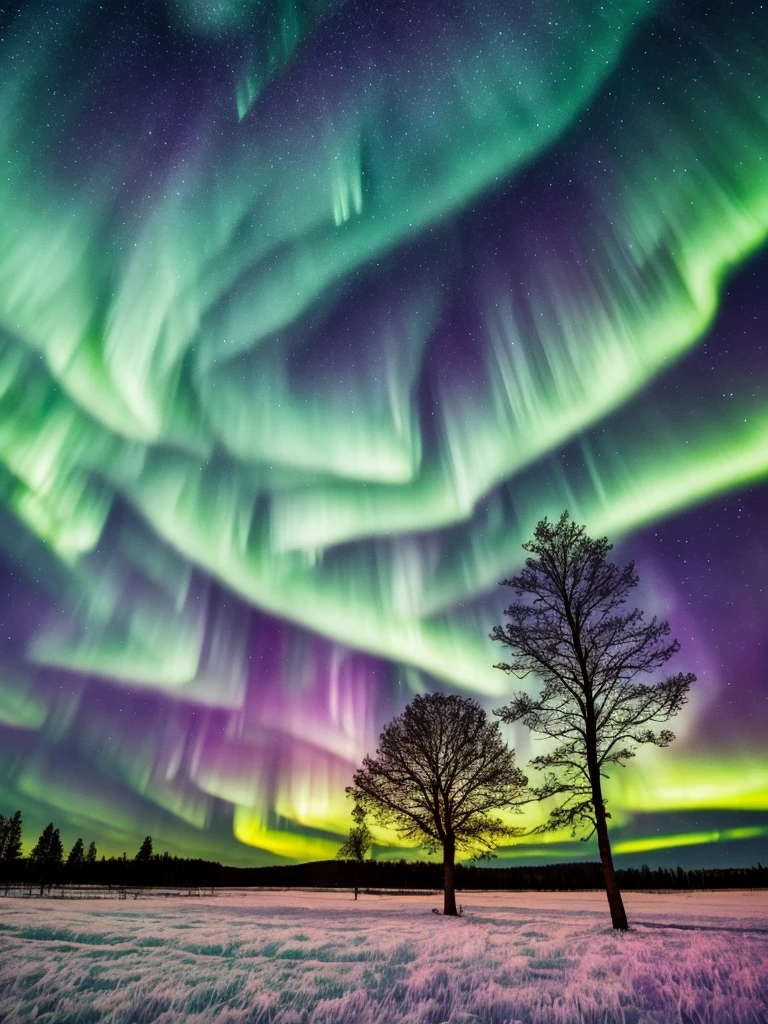 a tree in a field with aurora lights in the sky, a picture by Anato Finnstark, shutterstock, romanticism, rainbow aurora, aurora borealis, northern lights, with aurora borealis in the sky, magical colours and atmosphere, magical colors and atmosphere, beautiful and colorful, infused with aurora borealis, breathtaking colors, nacreous lights