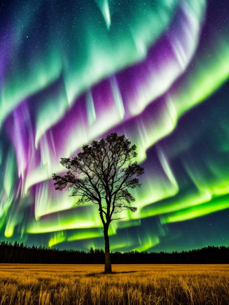 a tree in a field with aurora lights in the sky, a picture by Anato Finnstark, shutterstock, romanticism, rainbow aurora, aurora borealis, northern lights, with aurora borealis in the sky, magical colours and atmosphere, magical colors and atmosphere, beautiful and colorful, infused with aurora borealis, breathtaking colors, nacreous lights