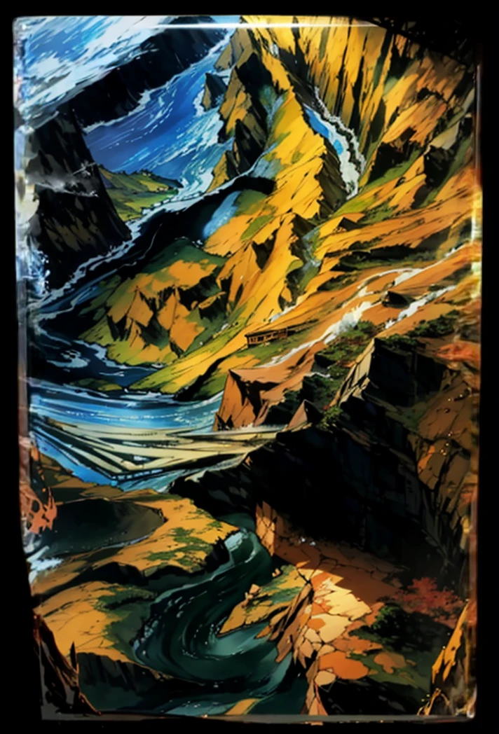 The picture is a martial arts animation style scenery。Earth, mountains and rivers，The river is rushing and bright，terrain changes，The colors are distinct and blended，Clear changes in light and shadow，Silky smooth and delicate watercolor painting