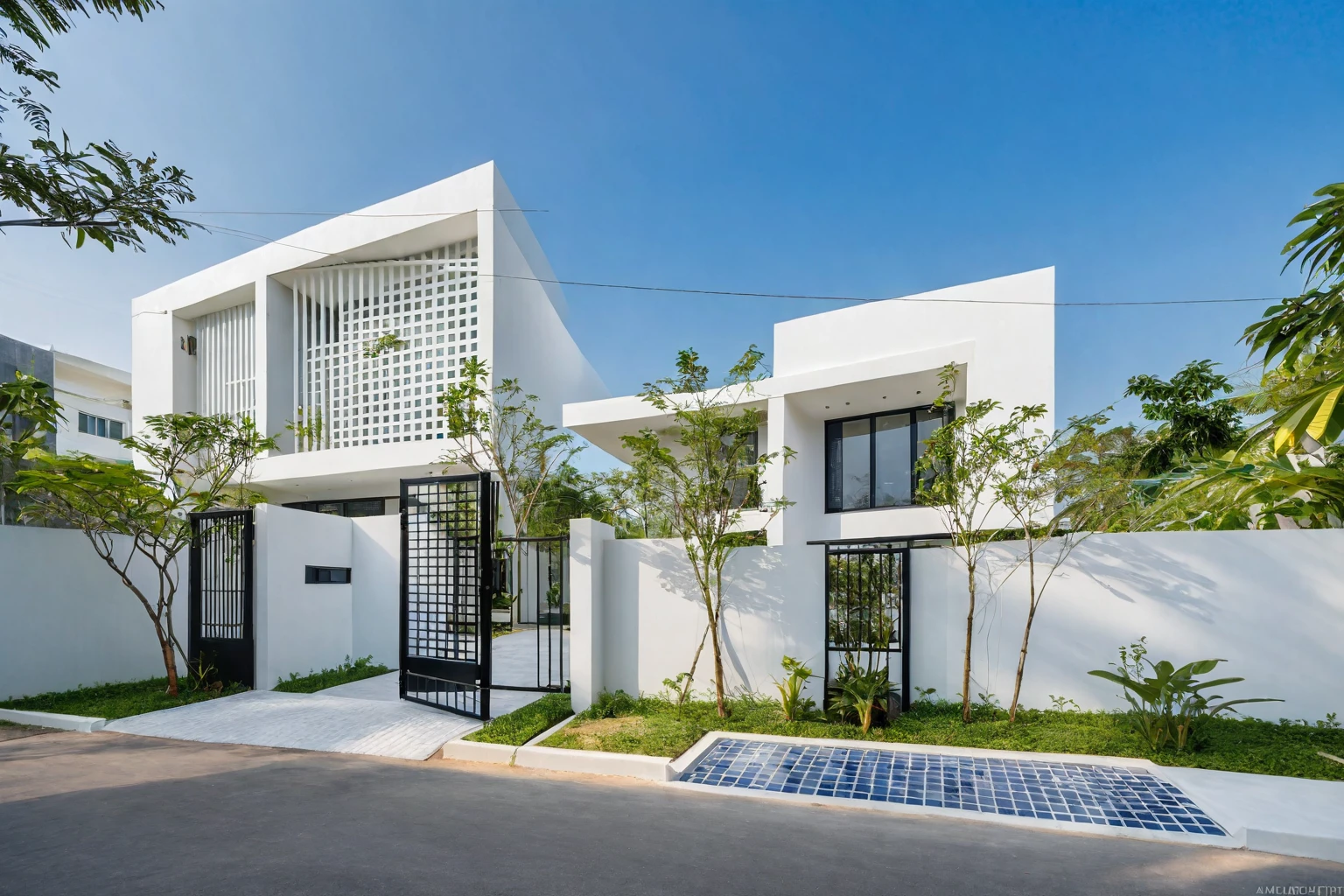 RAW photo , A white minimalism woodandwhite modern house with a double story and simple architecture, surrounded by trees in the yard of Vietnam, featuring a black metal gate and fence, landscape design, natural light, clear sky, blue background, high resolution photography, architectural photography, architectural appearance. The building has square windows made from white ceramic tiles, while the walls feature grid designs, There is also an entrance to another home nearby in the style of architectural photography, road, sidewalk, sidewalk trees, 8k uhd, dslr, soft lighting, high quality, film grain, Fujifilm XT3