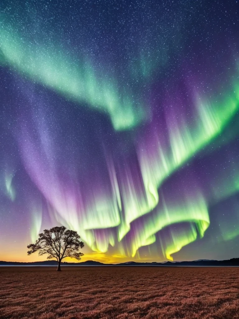 a tree in a field with aurora lights in the sky, a picture by Anato Finnstark, shutterstock, romanticism, rainbow aurora, aurora borealis, northern lights, with aurora borealis in the sky, magical colours and atmosphere, magical colors and atmosphere, beautiful and colorful, infused with aurora borealis, breathtaking colors, nacreous lights