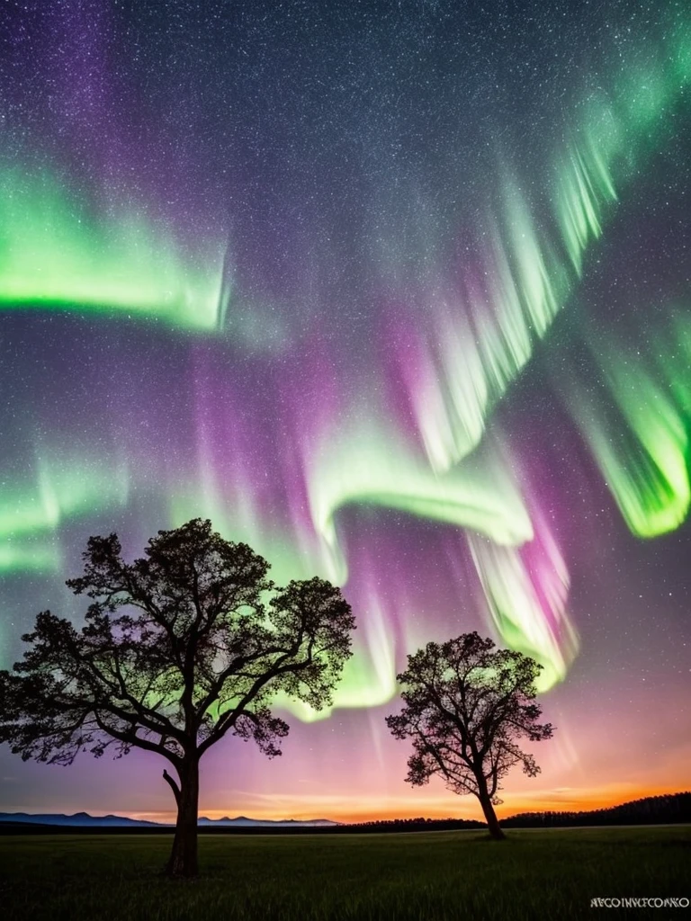 a tree in a field with aurora lights in the sky, a picture by Anato Finnstark, shutterstock, romanticism, rainbow aurora, aurora borealis, northern lights, with aurora borealis in the sky, magical colours and atmosphere, magical colors and atmosphere, beautiful and colorful, infused with aurora borealis, breathtaking colors, nacreous lights