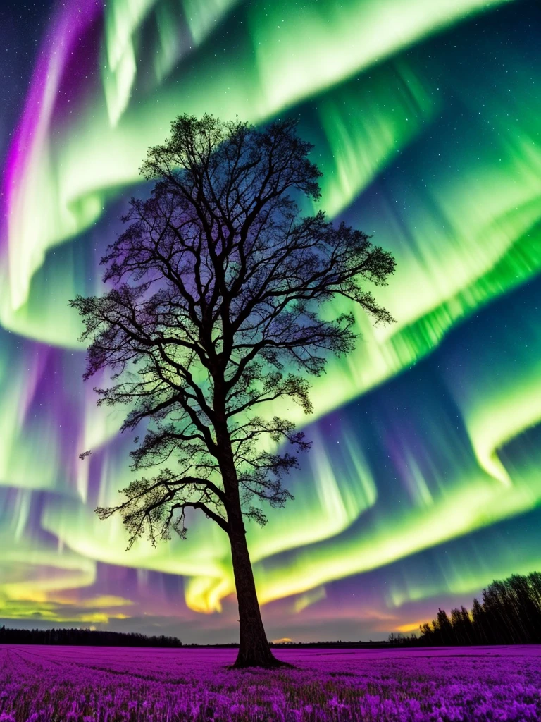 a tree in a field with aurora lights in the sky, rainbow aurora, aurora borealis, northern lights, with aurora borealis in the sky, magical colours and atmosphere, magical colors and atmosphere, beautiful and colorful, infused with aurora borealis, breathtaking colors, nacreous lights, really beautiful nature, beautiful!!!, vividly beautiful colors