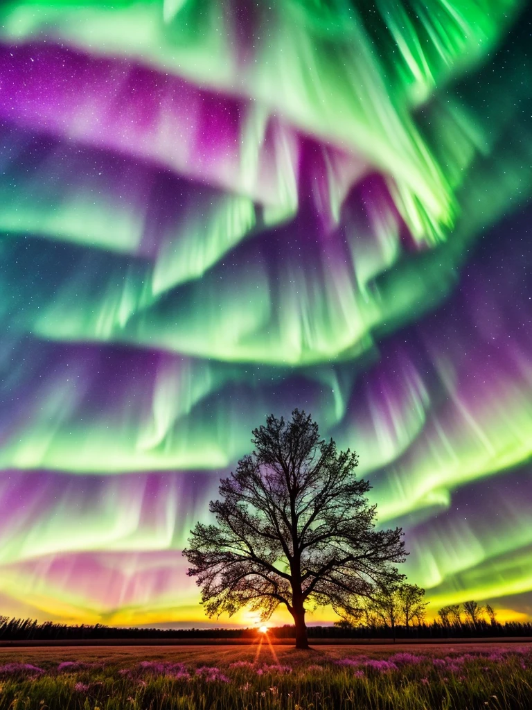 a tree in a field with aurora lights in the sky, a picture by Anato Finnstark, shutterstock, romanticism, rainbow aurora, aurora borealis, northern lights, with aurora borealis in the sky, magical colours and atmosphere, magical colors and atmosphere, beautiful and colorful, infused with aurora borealis, breathtaking colors, nacreous lights