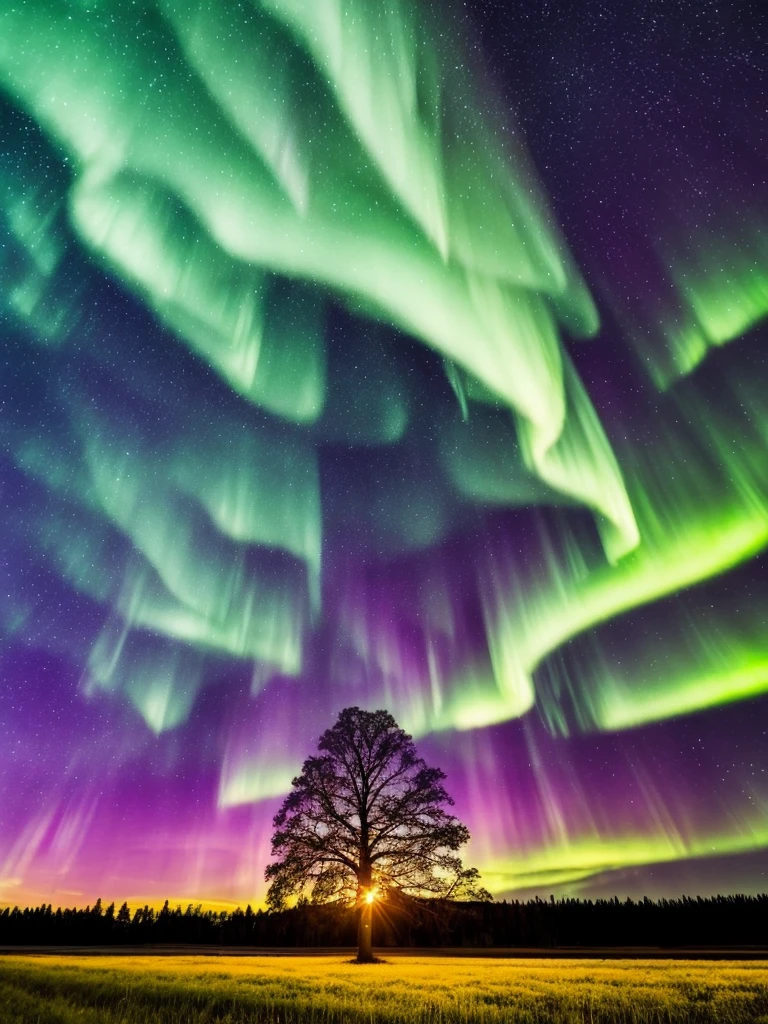 a tree in a field with aurora lights in the sky, a picture by Anato Finnstark, shutterstock, romanticism, rainbow aurora, aurora borealis, northern lights, with aurora borealis in the sky, magical colours and atmosphere, magical colors and atmosphere, beautiful and colorful, infused with aurora borealis, breathtaking colors, nacreous lights