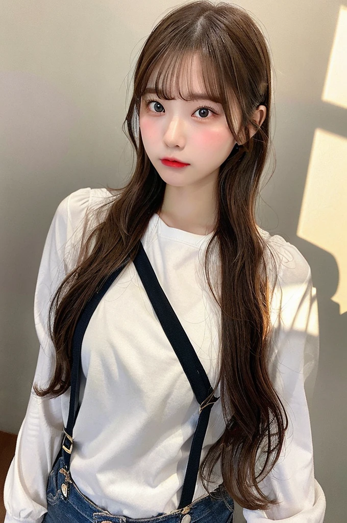 masterpiece、Flat Color、Depth of written boundary、Lens Flare 1 Girl、Brown Hair、Staring at the audience、suspenders、膨らんだLarge Breasts、、Small face、bangs over eyes、side、Mouse-colored eyes、Stick out your tongue、Large Breasts、amateur、White wall