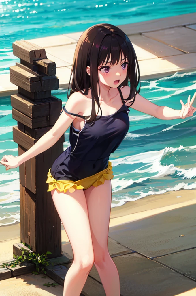Random patterned swimsuit、Random Swimsuit、Swimsuits in random colors、Random pose、、Acme Face、Random pose、, Pale purple eyes、Semi-long hair、Black Hair、Sandy Beach、、、nsfw、Highest quality、1 girl、solo、Ocean、Sexy pose、Random pose、Blushing、wet、Embarrassed、I can see half of my 、、One Piece Swimwear、(Strap slip:1.3)、Swimsuits in random colors、Swimwear