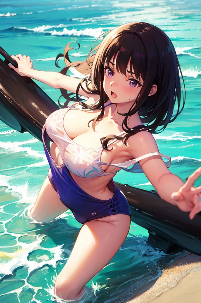 Random patterned swimsuit、Random Swimsuit、Swimsuits in random colors、Random pose、、Acme Face、Random pose、, Pale purple eyes、Semi-long hair、Black Hair、Sandy Beach、、、nsfw、Highest quality、1 girl、solo、Ocean、Sexy pose、Random pose、Blushing、wet、Embarrassed、I can see half of my 、、One Piece Swimwear、(Strap slip:1.3)、Swimsuits in random colors、Swimwear