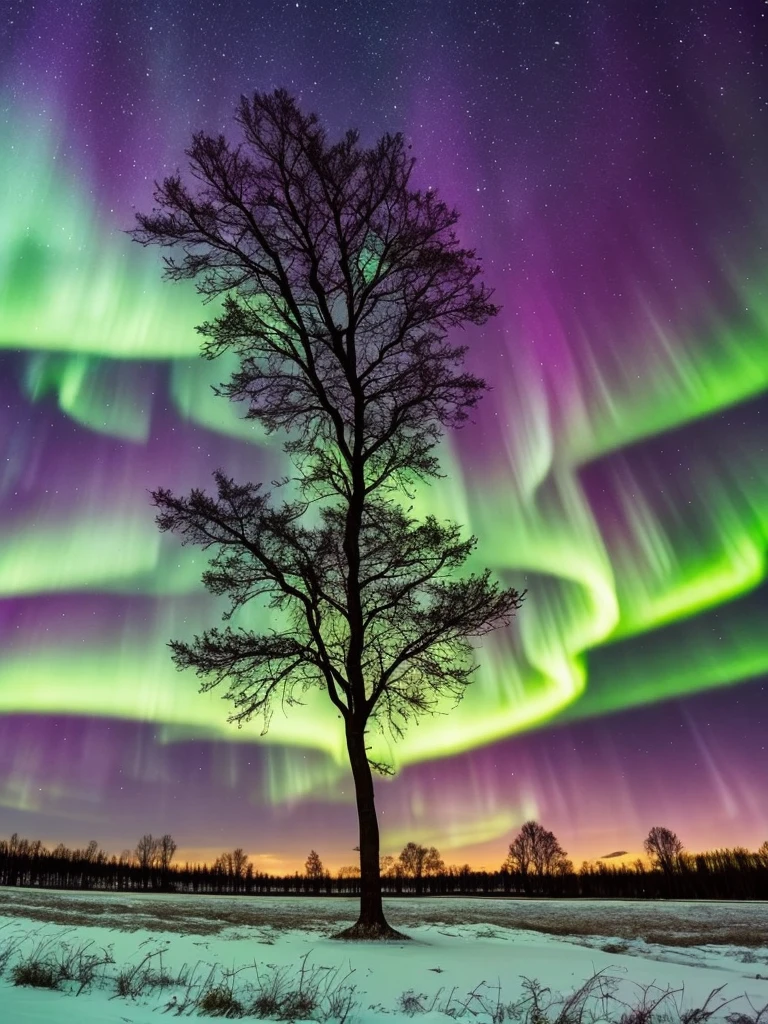 a tree in a field with aurora lights in the sky, rainbow aurora, aurora borealis, northern lights, with aurora borealis in the sky, magical colours and atmosphere, magical colors and atmosphere, beautiful and colorful, infused with aurora borealis, breathtaking colors, nacreous lights, really beautiful nature, beautiful!!!, vividly beautiful colors