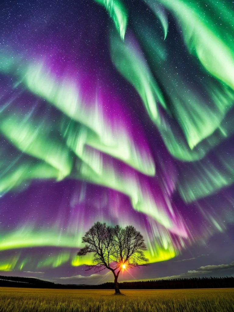 a tree in a field with aurora lights in the sky, rainbow aurora, aurora borealis, northern lights, with aurora borealis in the sky, magical colours and atmosphere, magical colors and atmosphere, beautiful and colorful, infused with aurora borealis, breathtaking colors, nacreous lights, really beautiful nature, beautiful!!!, vividly beautiful colors
