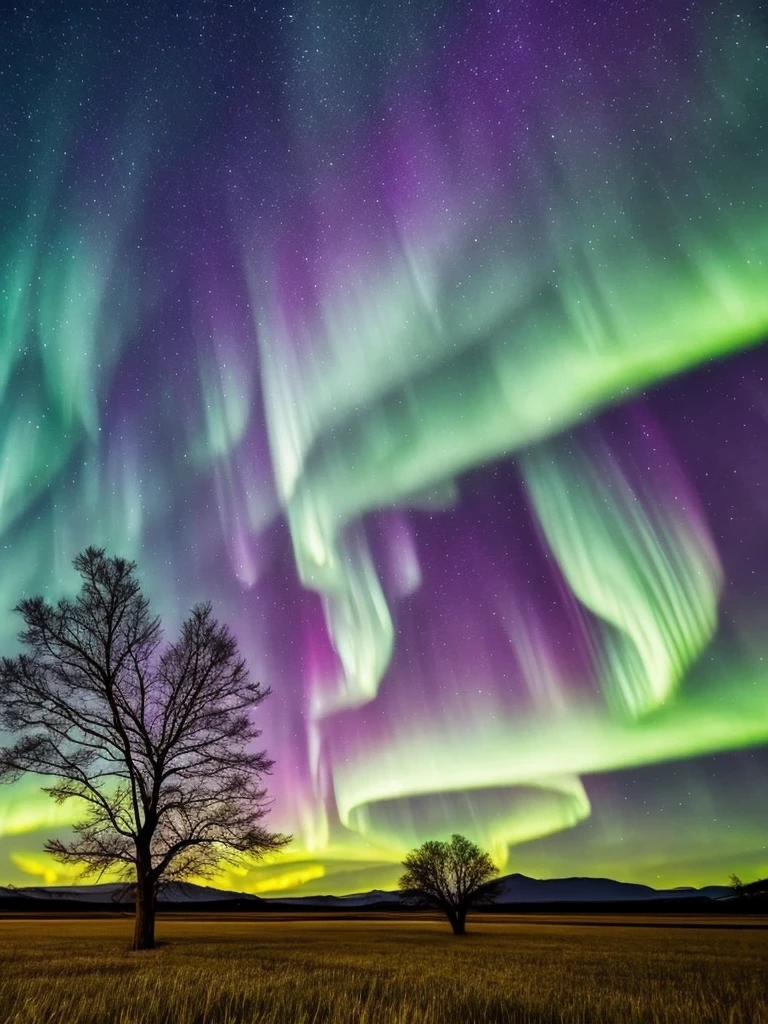 a tree in a field with aurora lights in the sky, rainbow aurora, aurora borealis, northern lights, with aurora borealis in the sky, magical colours and atmosphere, magical colors and atmosphere, beautiful and colorful, infused with aurora borealis, breathtaking colors, nacreous lights, really beautiful nature, beautiful!!!, vividly beautiful colors