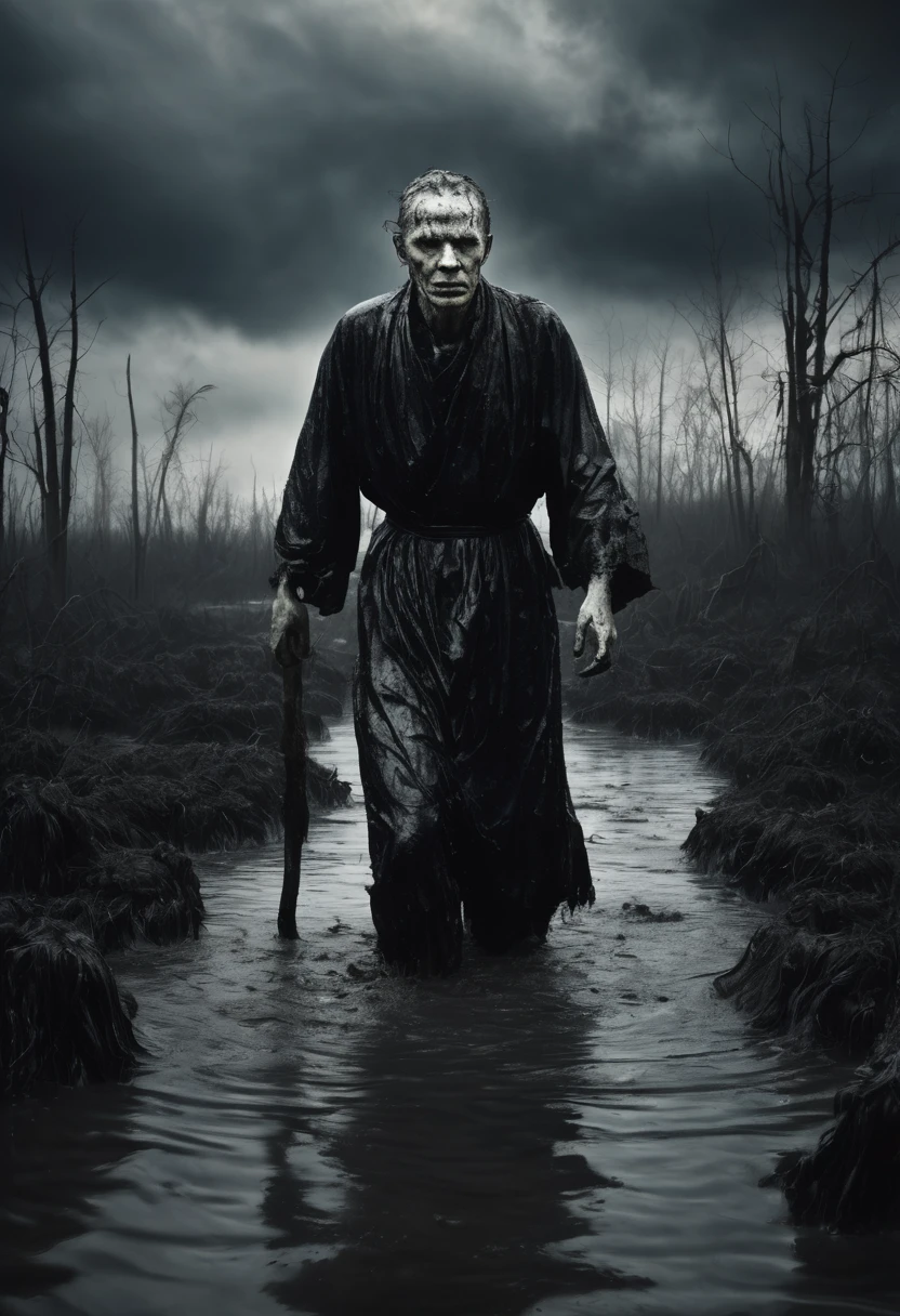 spirit of a man, sinking in black mud, in a dark swamp, the man's appearance is decrepit, as if he were a living dead, the sky is dark with heavy clouds and thunder.