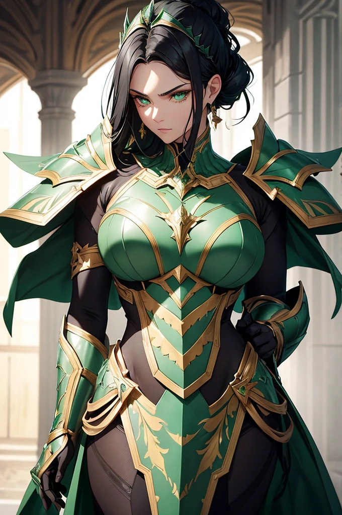 NSFW armor with a greenish-silver glow and gold accents reminiscent of nature, black hair, in gentle waves over your shoulders. Your carved face, with delicate features and a defined jawline and expressive green eyes