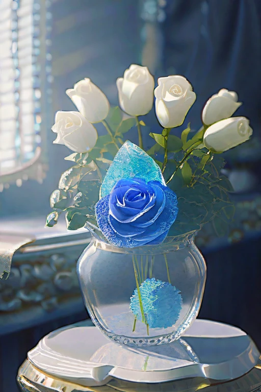((Лучшее качество)), ((шедевр)), (подробный), a vase with a crystal rose