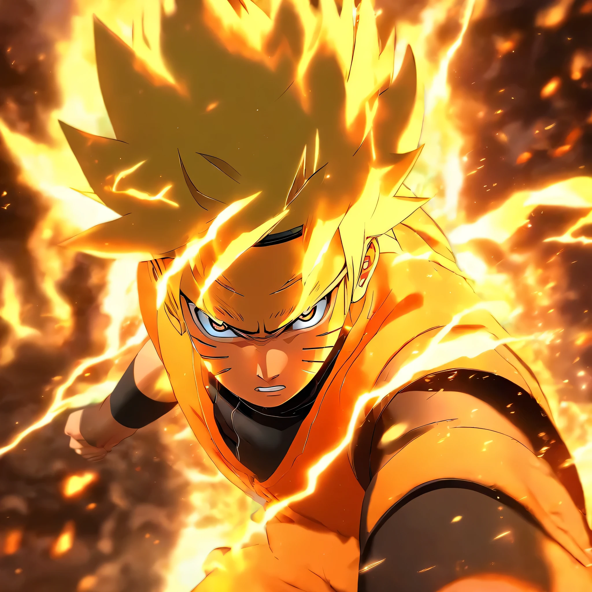 Naruto Uzumaki unleash a full power nine tail fox (in a Firestorm with lighting thunder vfx around), masterpiece, best quality, ultra quality, absurd details, best light, best shadow, sharp, sharp picture, detailed face, detailed eyes, detailed hair, detailed, extremely detailed, great resolution, 8k, 4k, uhd, ray tracing, beautiful effects, image of (full body) text aweka holand