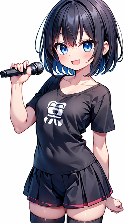 Highest quality,wonderful,finely,Highly detailed CG Unity 8k wallpaper, (1 Girl,Black Hair, blue eyes,short hair, Double Bang), (Small breasts:1.2), (Black T-shirt:1.1), (clavicle:1.1), Shorts、Smiling Kindly、smile、 (Open your mouth:1.2), (zettai ryouiki:1.2),(narrow:1.2), (Are standing:1.2)、(Hold a microphone in your right hand:1.1)、((Commenting live))、Solid white background、Facing the camera