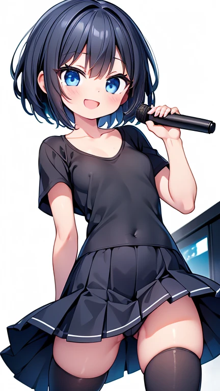 Highest quality,wonderful,finely,Highly detailed CG Unity 8k wallpaper, (1 Girl,Black Hair, blue eyes,short hair, Double Bang), (Small breasts:1.2), (Black T-shirt:1.1), (clavicle:1.1), Shorts、Smiling Kindly、smile、 (Open your mouth:1.2), (zettai ryouiki:1.2),(narrow:1.2), (Are standing:1.2)、(He is speaking with a microphone in his right hand:1.1)、(((Solid white background)))、Facing the camera