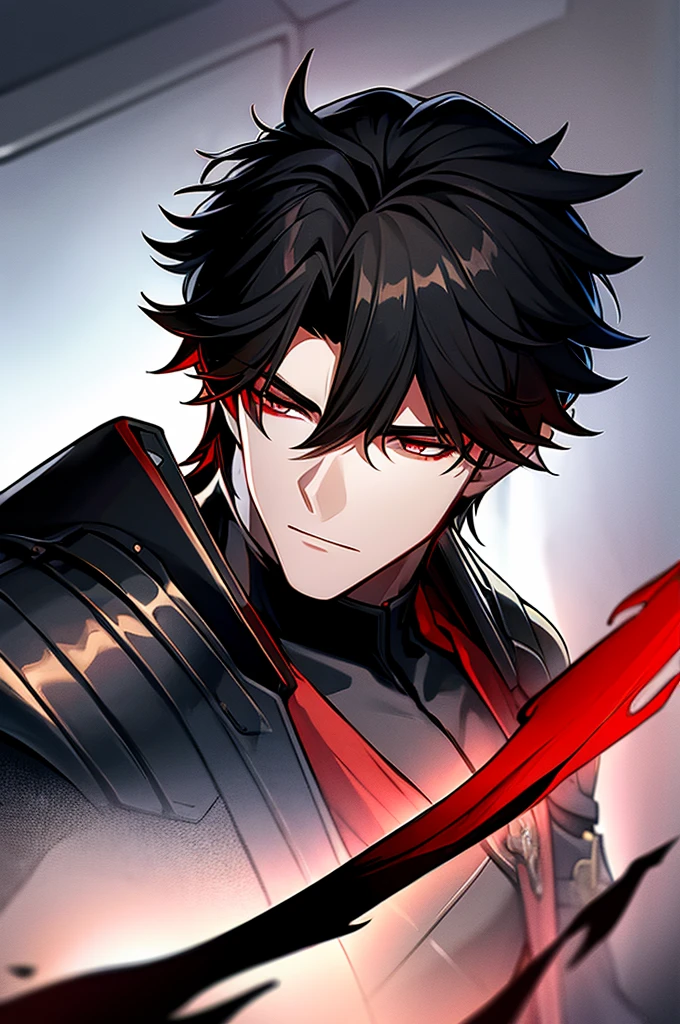 Man with black hair, dark eyes and black armor with red details with a black rose. With the face of a handsome man (detailed in Full HD 4K) 