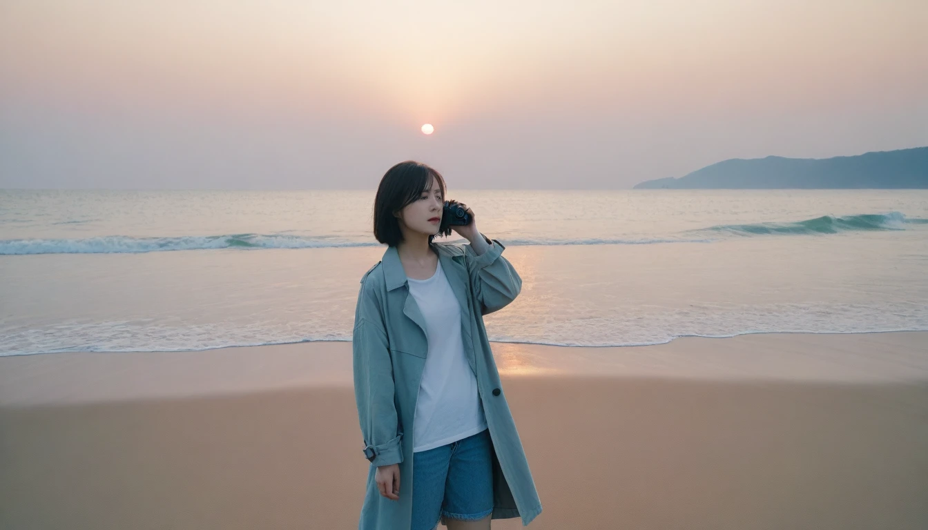 8K, Vivid picture quality, The picture quality is vivid, Realistic and perfect picture quality, long deserted beach, sunset 뷰어, short hair that touches the shoulders and covers the neck, sunset의 붉은 빛, sunset, alone, afternoon, depressed, tide가 밀려온다, ocean, tide, wind, 잔잔한 tide, short korean girl, thick shirt, jeans, light trench coat, Canon Camera 16-35 Wide Angle Lens, full body shot