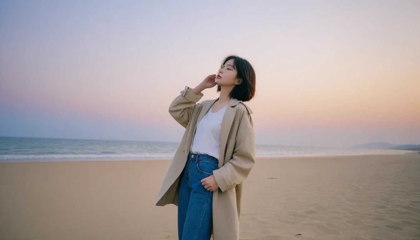 8K, Vivid picture quality, The picture quality is vivid, Realistic and perfect picture quality, long deserted beach, sunset 뷰어, short hair that touches the shoulders and covers the neck, sunset의 붉은 빛, sunset, alone, afternoon, depressed, tide가 밀려온다, ocean, tide, wind, 잔잔한 tide, short korean girl, thick shirt, jeans, light trench coat, Canon Camera 16-35 Wide Angle Lens, full body shot