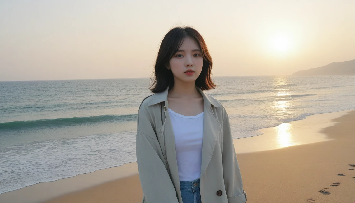 8K, Vivid picture quality, The picture quality is vivid, Realistic and perfect picture quality, long deserted beach, sunset 뷰어, short hair that touches the shoulders and covers the neck, sunset의 붉은 빛, sunset, alone, afternoon, depressed, tide가 밀려온다, ocean, tide, wind, 잔잔한 tide, short korean girl, thick shirt, jeans, light trench coat, Canon Camera 16-35 Wide Angle Lens, full body shot