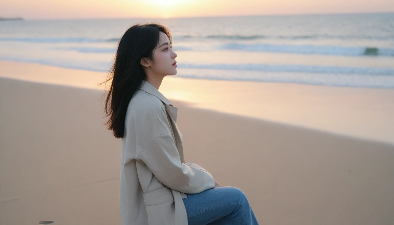 8K, Vivid picture quality, The picture quality is vivid, Realistic and perfect picture quality, long deserted beach, sunset 뷰어, short hair that touches the shoulders and covers the neck, sunset의 붉은 빛, sunset, alone, afternoon, depressed, tide가 밀려온다, ocean, tide, wind, 잔잔한 tide, short korean girl, thick shirt, jeans, light trench coat, Canon Camera 16-35 Wide Angle Lens, full body shot