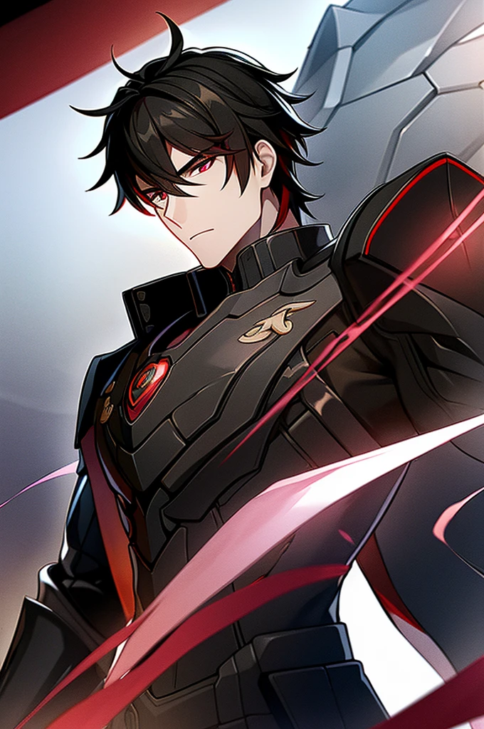 Man with black hair, dark eyes and black armor with red details with a black rose. With the face of a handsome man (detailed in Full HD 4K) 