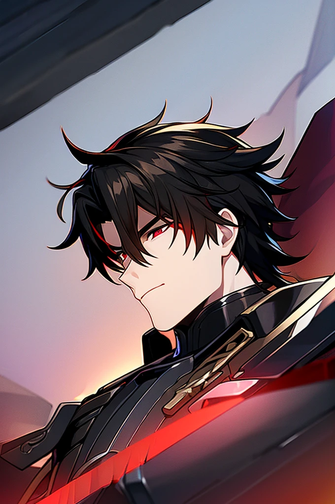 Man with black hair, dark eyes and black armor with red details with a black rose. With the face of a handsome man (detailed in Full HD 4K) 