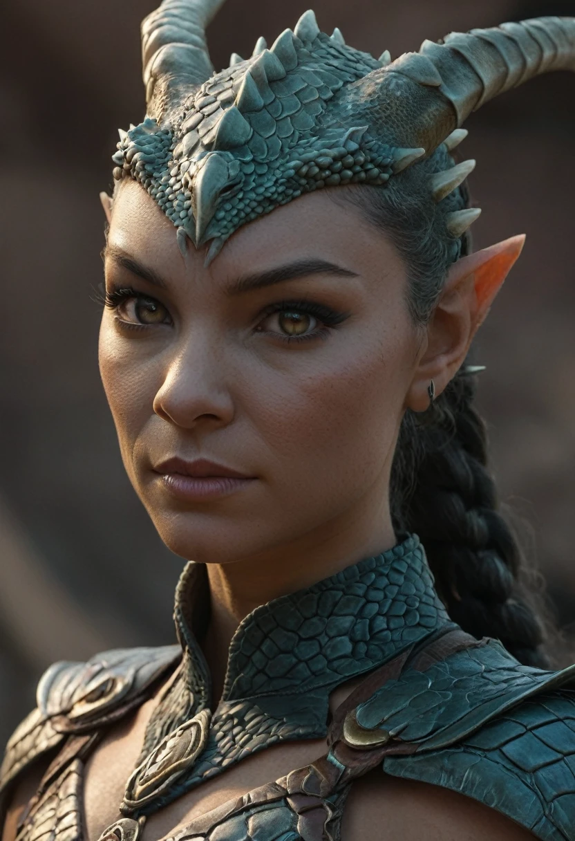 ((full body))Hyperrealistic art female human dragon hybrid, covered in matte scales as skin, extreme close-up, striking reptilian eyes, dragon horns, bald, braided ponytail, exudes confidence and power, sunet, rim lighting, cold colors. style of Don Lawrence, style of (Will Murai:1.2), style of (Greg Rutkowski:0.8), . Extremely high-resolution details, photographic, realism pushed to extreme, fine texture, incredibly lifelike
