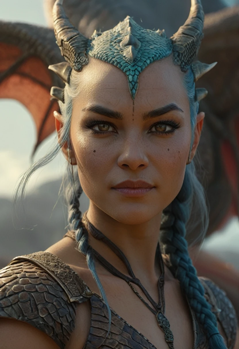 ((full body))Hyperrealistic art female human dragon hybrid, covered in matte scales as skin, extreme close-up, striking reptilian eyes, dragon horns, bald, braided ponytail, exudes confidence and power, sunet, rim lighting, cold colors. style of Don Lawrence, style of (Will Murai:1.2), style of (Greg Rutkowski:0.8), . Extremely high-resolution details, photographic, realism pushed to extreme, fine texture, incredibly lifelike