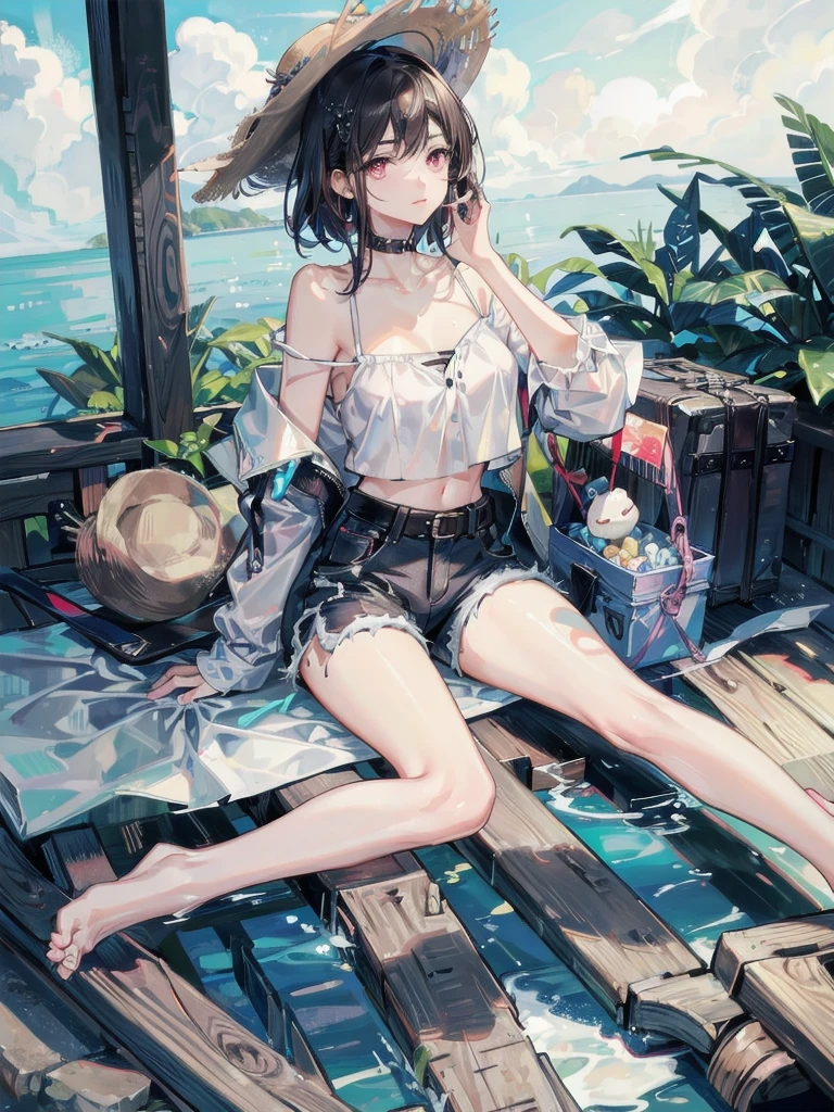 absurdres, RAW photo, extremely delicate and beautiful, masterpiece, Best Quality, ultra high resolution, 32k, hyperrealistic, ultra-detailed, perfect figure, in her 20s, very small head, very small face, delicate facial features, tearful mole, earring, very huge breasts, very big breasts, bare legs, full body shot, medium hair, black hair, colored inner hair, casual, blouse, white shirt, buttoned shirt, bare shoulders, collarbone, midriff, navel, shorts, straw hat,