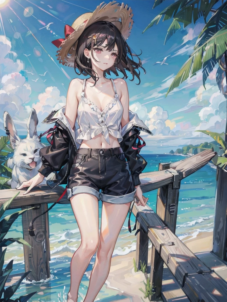 absurdres, RAW photo, extremely delicate and beautiful, masterpiece, Best Quality, ultra high resolution, 32k, hyperrealistic, ultra-detailed, perfect figure, in her 20s, very small head, very small face, delicate facial features, tearful mole, earring, very huge breasts, very big breasts, bare legs, full body shot, medium hair, black hair, colored inner hair, casual, blouse, white shirt, buttoned shirt, bare shoulders, collarbone, midriff, navel, shorts, straw hat,