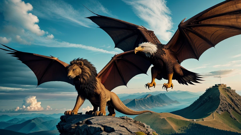 The image depicts a fantastical creature with the body of a dragon, wings of an eagle, and the head of a lion, perched atop a mountain with a dramatic sky in the background riyalstik bodi