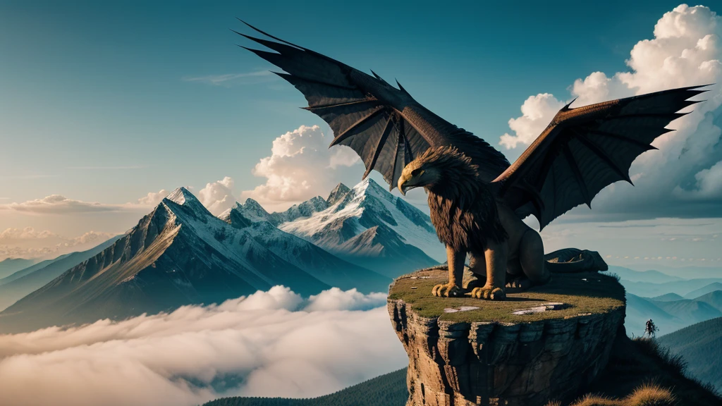 The image depicts a fantastical creature with the body of a dragon, wings of an eagle, and the head of a lion, perched atop a mountain with a dramatic sky in the background riyalstik bodi