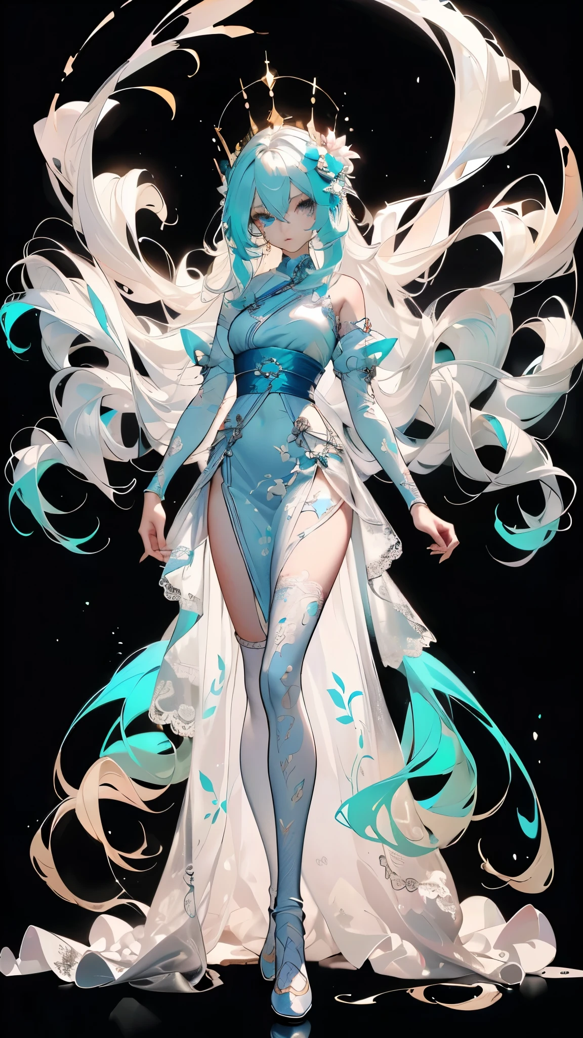 ((masterpiece, best quality)), Delicate face,Snake Woman,Full body painting,Perfect body proportions,Long legs,((Long wavy hair)), ((Half of her hair is white,The other half is cyan,Available in two colors)),beautiful eyes,Fantasy style,White background,transparent,cheongsam,Lace,Garter, transparent clothing