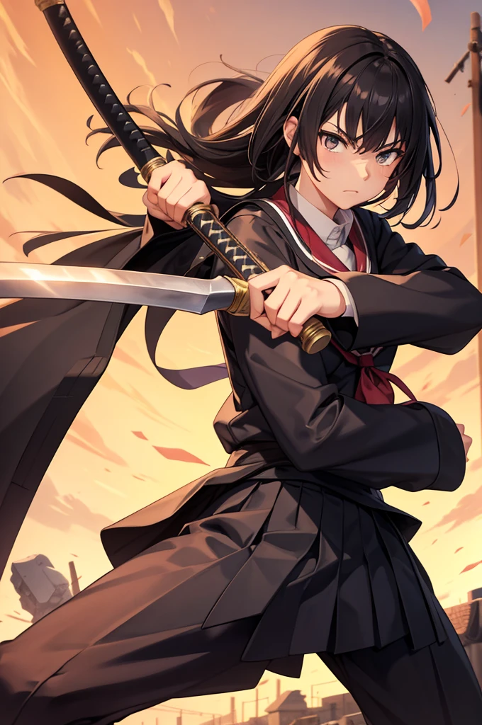 battoujutsu stance, weapon, (school uniform)
