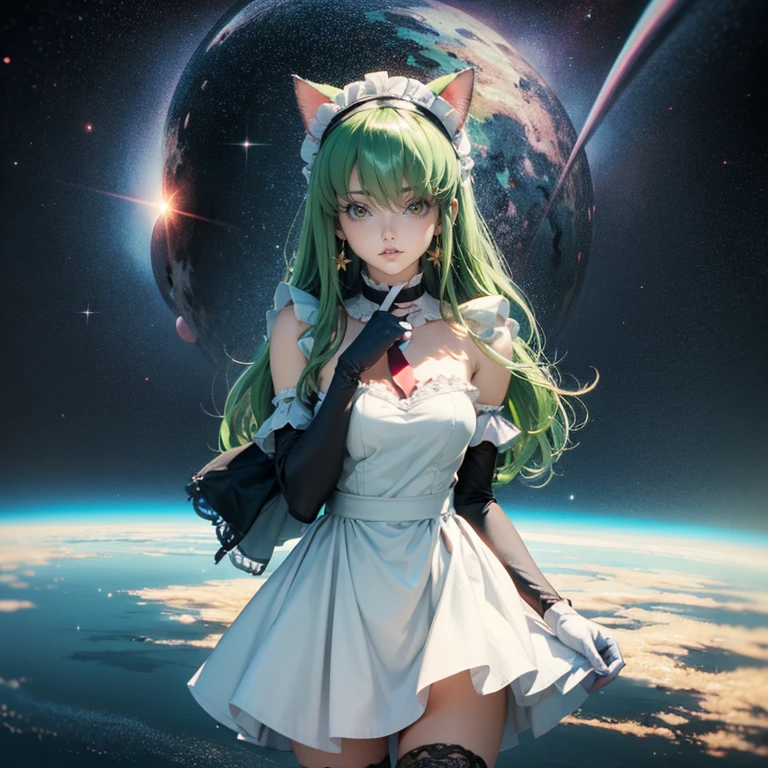 1girl, white maid dress, jewelry, green hair, long hair, flowing hair, maid dress with a short skirt and layers, white laces, white boots, white dress with transparency, gold details on her clothes, cat ears, animal ears, blue tie, more details, perfectly body, perfectly hands, two hands, two legs, two arms, five fingers, glowing hair, best quality, white gloves, two cat tail, white gloves, alone, maid headdress, choker, detached sleeves, maid dress, maid white dress, strapless, masterpeice, best quality, detailed face, night, asymmetrical gloves, bangs, white short skirt , white gloves, white boots, earrings, elbow gloves, fishnet thighhighs, fishmasterpeice, solo, best quality, detailed face, gloves, green eyes, green hair, hair between eyes, jewelry, long hair, looking at viewer, single earring, sky, sleeveless, solo, thigh boots, thighhighs, uneven gloves, solo, alone, Looking at the viewer, More details on the clothes, magenta roses on her hair, space scenery, maid, maid dress, magenta details, magenta roses, maid headdress, maid apron, wave hair, seat on the Saturn rings, bats details on her clothes, more details on her clothes, gold details on her clothes, space, smiling, standing her hand to a viewer, looking at the viewer, in the background a several asteroids glowing with fiery auras, Dramatic lighting from distant stars and planets illuminates the scene, looking at the vast and mysterious universe, cowboy shot, upper body portrait, more details, sparkle,